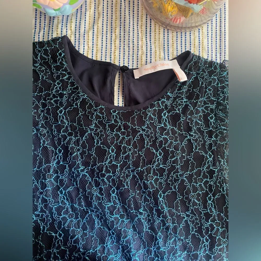 SEE BY CHLOE Black Blue Lace Knit Long Sleeve Boho Coquette Midi Dress Sz 40 US8